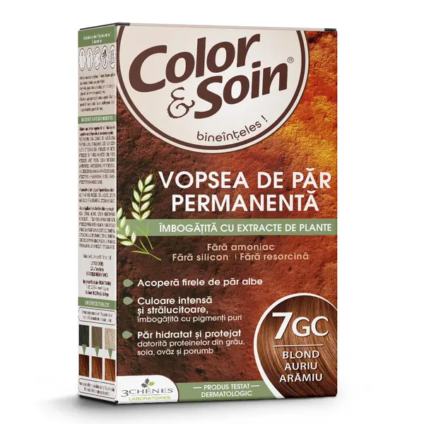 Vopsea de par fara amoniac, fara silicon, blond auriu aramiu, 7GC, Color&Soin