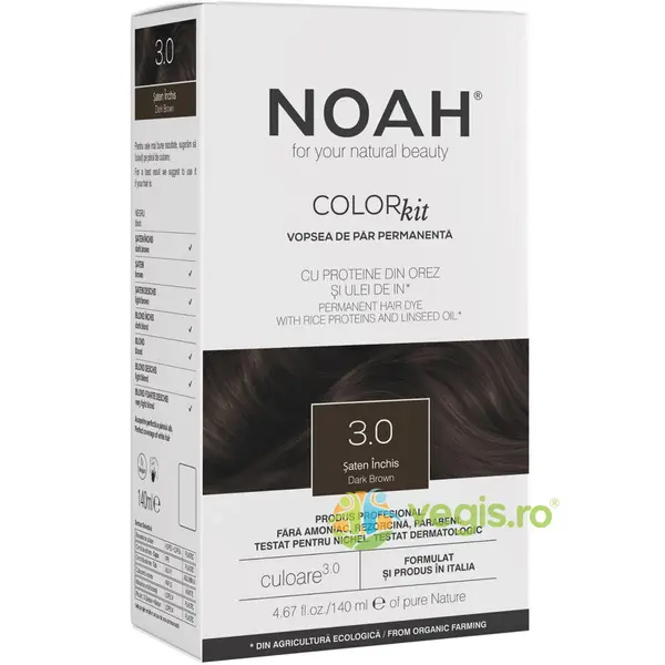 Vopsea de Par Permanenta cu Proteina de Orez si Ulei de In fara Amoniac Nuanta 3.0 Saten Inchis 140ml