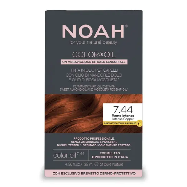 Vopsea de par permanenta fara amoniac, 7.44 Intense Copper, Color in Oil, 135 ml, Noah