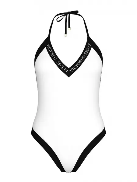 Vs iconic logo plunge one-piece swimsuit - white S