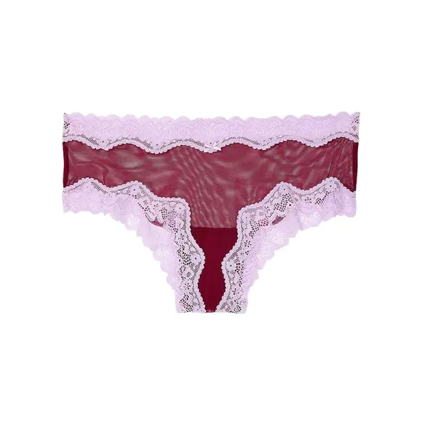 Vs tease mesh cheeky panties with lace - campari w/ silky liliac M