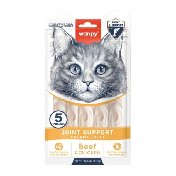 WANPY Joint Support Creamy Treats, Pui și Vită, punguță recompense funcționale pisici, sistem articular, (piure), 70g