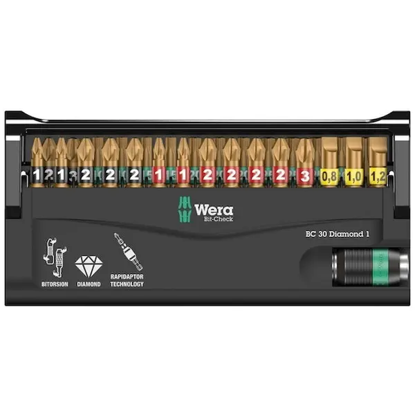 Wera Set 30 de biti, Wera, zona de torsiune BiTorsion, invelis cu diamant, sistem de prindere 1/4