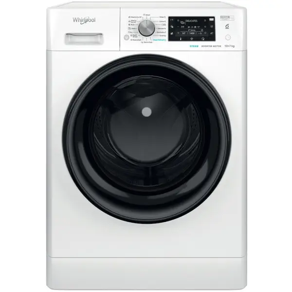 Whirlpool Masina de spalat rufe cu uscator Whirlpool FreshCare+ FFWDD1076258BVEU, 10 kg spalare, 7 kg uscare, 1600 RPM, Clasa B, Tehnologia al 6-lea Simt, FreshCare+, Motor Inverter, Display LCD, Alb