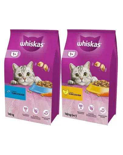 WHISKAS Adult 14kg cu pui si legume + WHISKAS Adult 14kg cu ton si legume