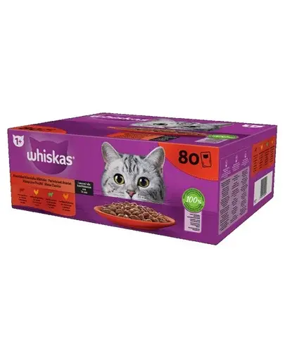 WHISKAS Adult in sos 80x85g Classic Meals hrana umeda completa pentru pisici adulte cu vita, pui, miel, pasare