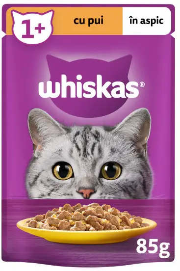 WHISKAS Plic hrană umedă pentru pisici Adulte, cu Pui în aspic