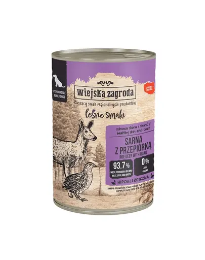 WIEJSKA ZAGRODA Arome din pădure, hrană umedă pentru câini cu carne de căprioară și prepeliță 6x400 g