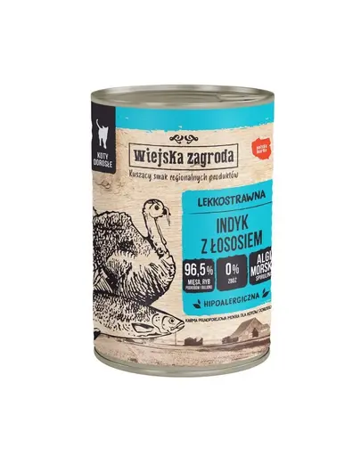 WIEJSKA ZAGRODA Conserva hrana cu somon si curcan, pentru pisici adulte 12x400 g