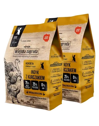 WIEJSKA ZAGRODA Curcan cu pui hrană uscată pentru pisoi 2x400 g