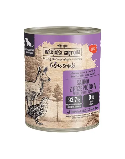 WIEJSKA ZAGRODA hrană umedă pentru câini adulți cu căprioară și prepeliță (Gusturi de Pădure) 800 g