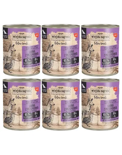 WIEJSKA ZAGRODA hrană umedă pentru câini adulți cu căprioară și prepeliță (Gusturi de Pădure) 6x800 g
