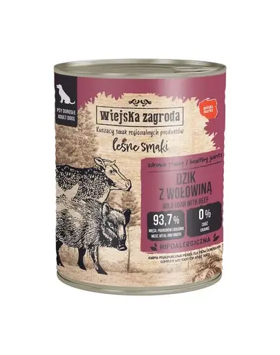 WIEJSKA ZAGRODA hrană umedă pentru câini adulți cu mistreț și vită (Gusturi de Pădure) 800 g