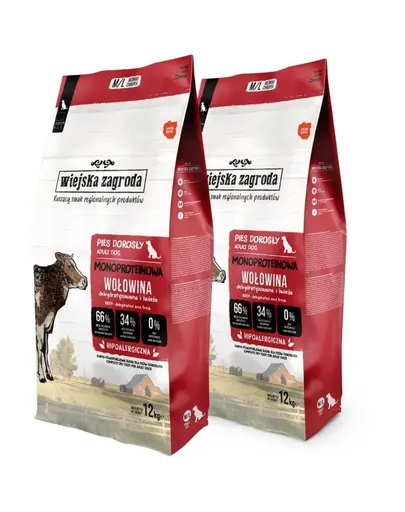 WIEJSKA ZAGRODA Hrană uscată monoproteică cu vită pentru câini M/L 2x12 kg