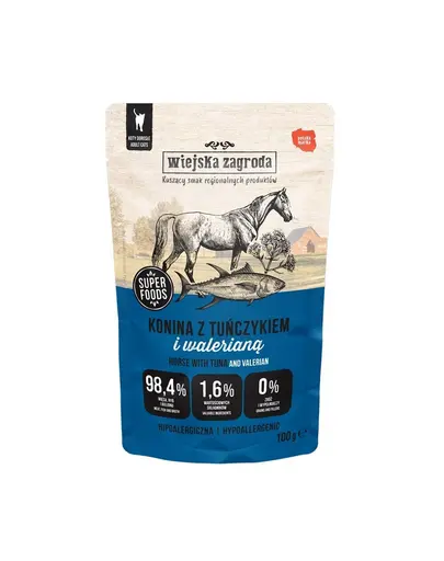 WIEJSKA ZAGRODA Superfoods Hrană umedă pentru pisici, carne de cal cu ton și valeriană 24x100 g