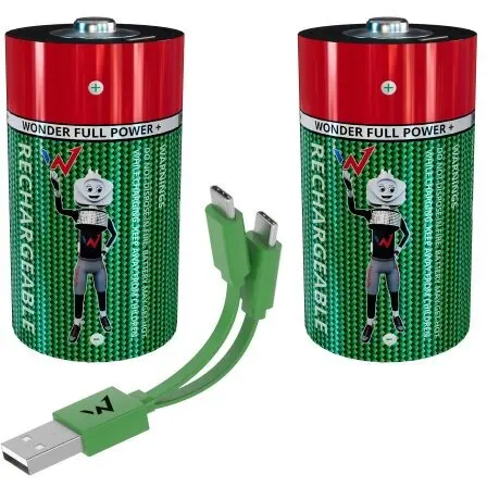 Wonder Pachet Baterii Wonder 2 Bucati, D/LR20 cu Cablu USB-C, Reincarcabile