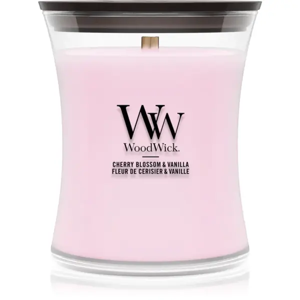 Woodwick Cherry Blossom & Vanilla lumânare parfumată cu fitil din lemn 275 g