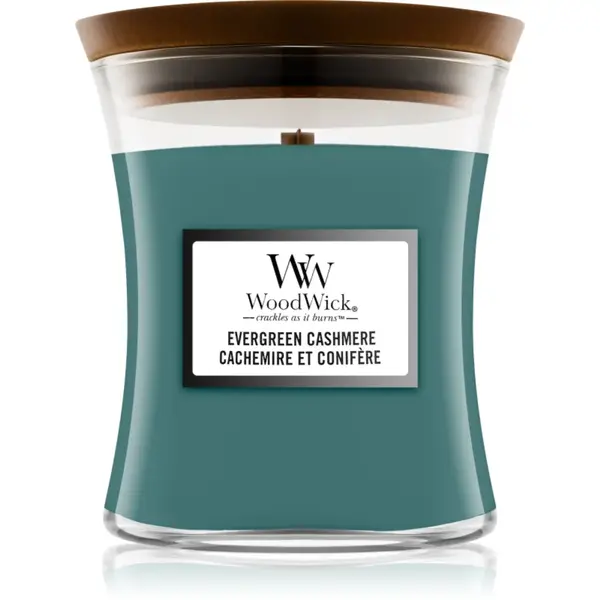 Woodwick Evergreen Cashmere lumânare parfumată cu fitil din lemn 275 g