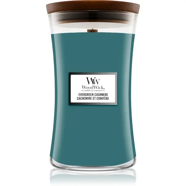Woodwick Evergreen Cashmere lumânare parfumată cu fitil din lemn 610 g