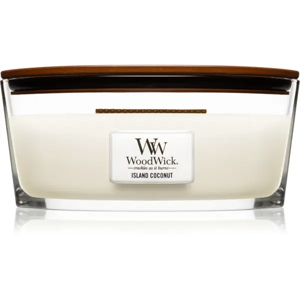 Woodwick Island Coconut lumânare parfumată cu fitil din lemn (hearthwick) 453 g