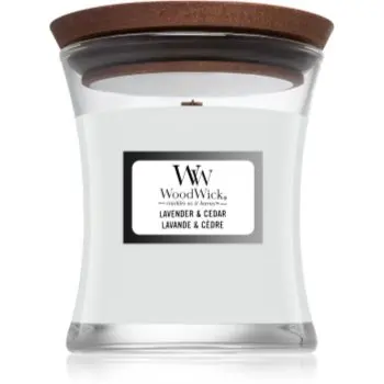 Woodwick Lavender & Cedar lumânare parfumată cu fitil din lemn