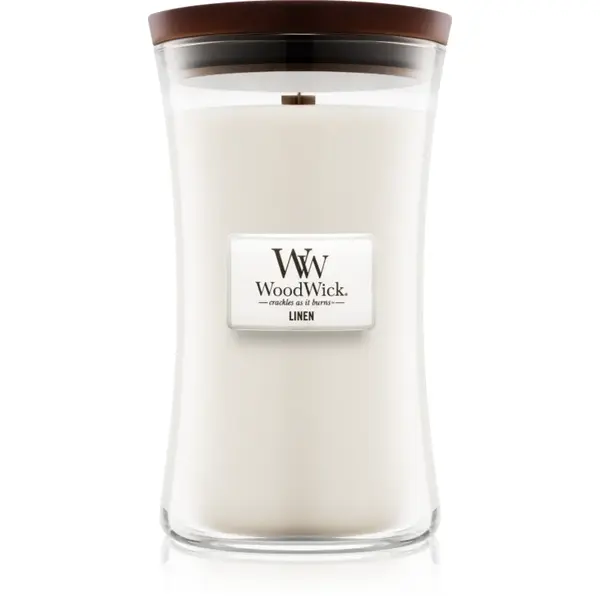 Woodwick Linen lumânare parfumată cu fitil din lemn 609.5 g