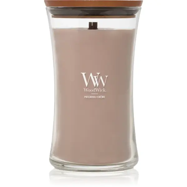 Woodwick Opulent Wood Patchouli Creme lumânare parfumată cu fitil din lemn 609.5 g