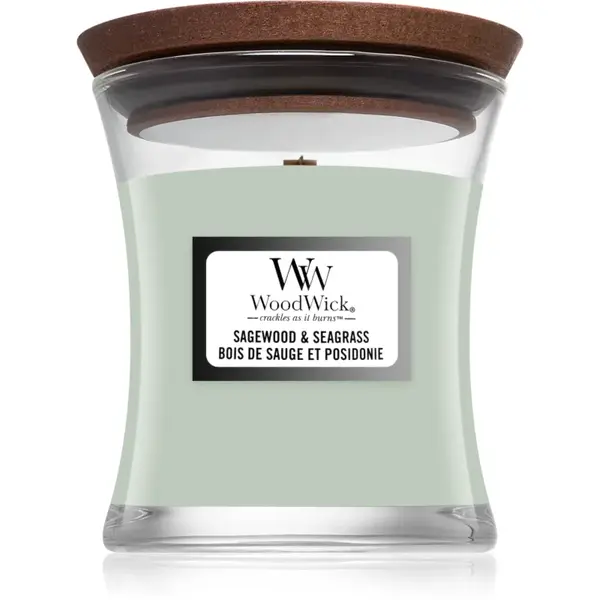 Woodwick Sagewood & Seagrass lumânare parfumată cu fitil din lemn 85 g