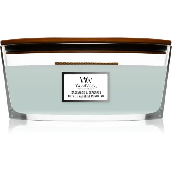 Woodwick Sagewood & Seagrass lumânare parfumată cu fitil din lemn (hearthwick) 453,6 g