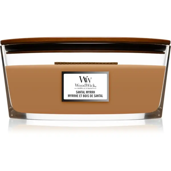 Woodwick Santal Myrrh lumânare parfumată cu fitil din lemn (hearthwick) 453,6 g