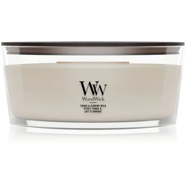 Woodwick Tonka & Almond Milk lumânare parfumată cu fitil din lemn 453.6 g