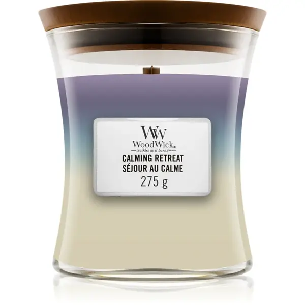 Woodwick Trilogy Calming Retreat lumânare parfumată cu fitil din lemn 275 g