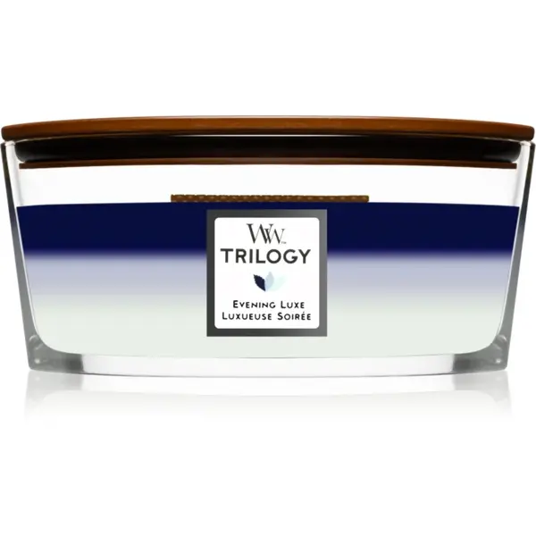 Woodwick Trilogy Evening Luxe lumânare parfumată cu fitil din lemn (hearthwick) 453.6 g