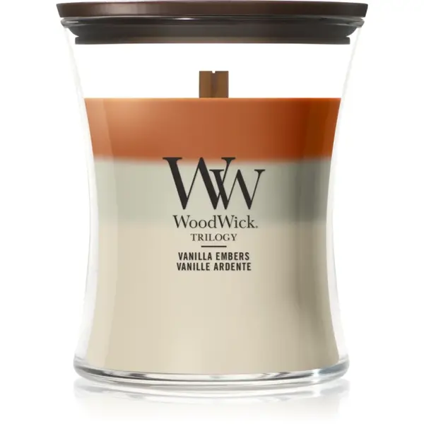 Woodwick Trilogy Vanilla Embers lumânare parfumată cu fitil din lemn 275 g