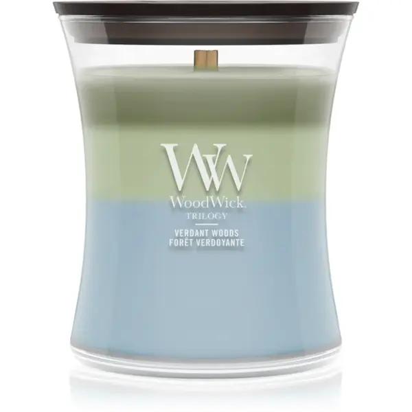 Woodwick Trilogy Verdant Woods lumânare parfumată cu fitil din lemn 275 g