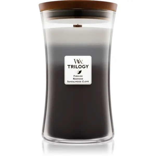 Woodwick Trilogy Warm Woods lumânare parfumată cu fitil din lemn 609.5 g