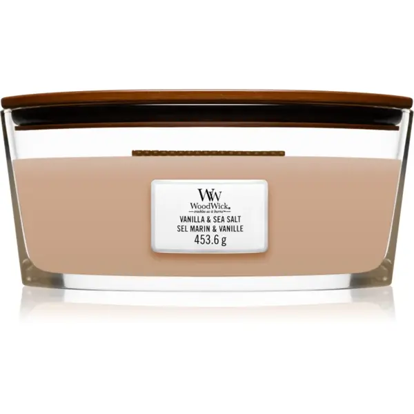 Woodwick Vanilla & Sea Salt lumânare parfumată cu fitil din lemn (hearthwick) 453.6 g
