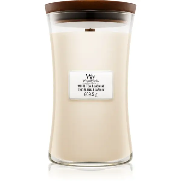 Woodwick White Tea & Jasmine lumânare parfumată cu fitil din lemn 609.5 g