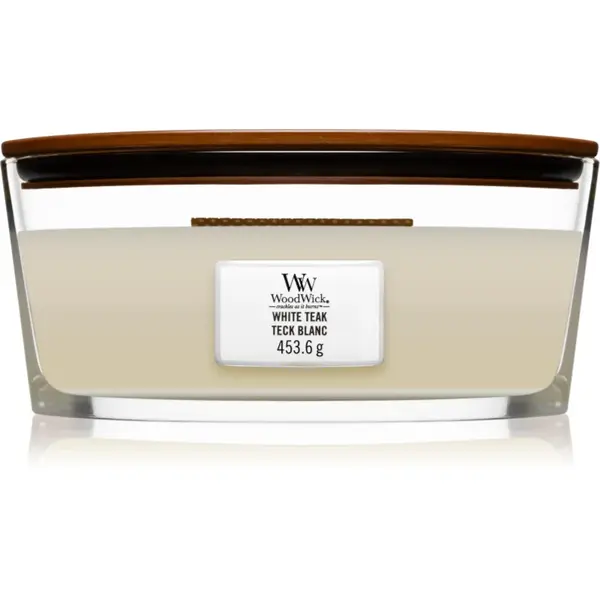 Woodwick White Teak lumânare parfumată cu fitil din lemn (hearthwick) 453.6 g