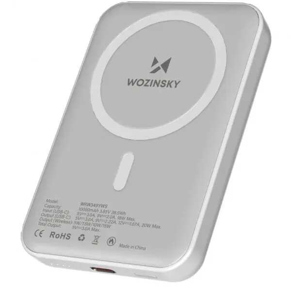 WZK Baterie Externa Wireless WZK WRW349YWS, 10000mAh, 20W, PD + FQI, 1 x QI - 1 x USB-C, Alba