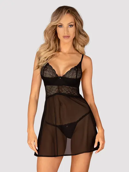 XL/2XL - Chemise din tul cu chilot tanga inclus Chemeris Negru