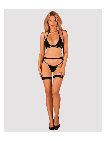 XL/2XL - Set negru din 3 piese - sutien, thong si centura portjartier