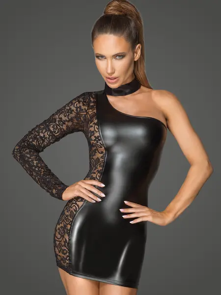 XL - Rochie trendy din material lucios in combinatie cu dantela F215 Negru