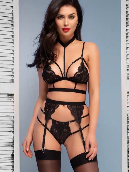 XL - Set compus din sutien, portjartier, chilot si dresuri CR 4636 Negru