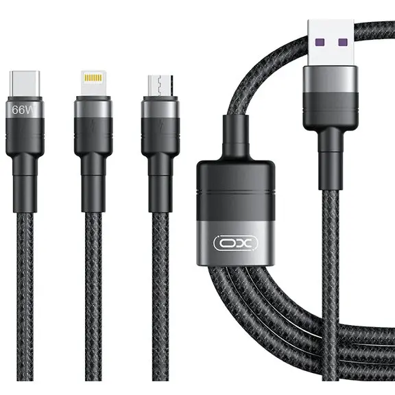 XO Design Cablu Incarcare USB-A - Lightning / microUSB / USB-C XO Design NB-Q191 3in1, 66W, 1.2m, Negru