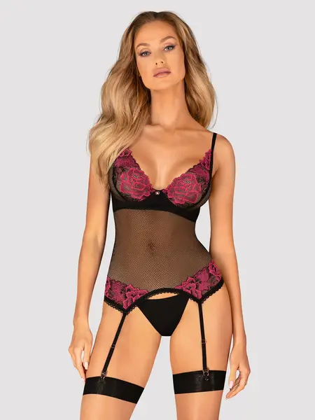 XS/S - Corset din dantela cu chilot tanga inclus Rosenty Negru