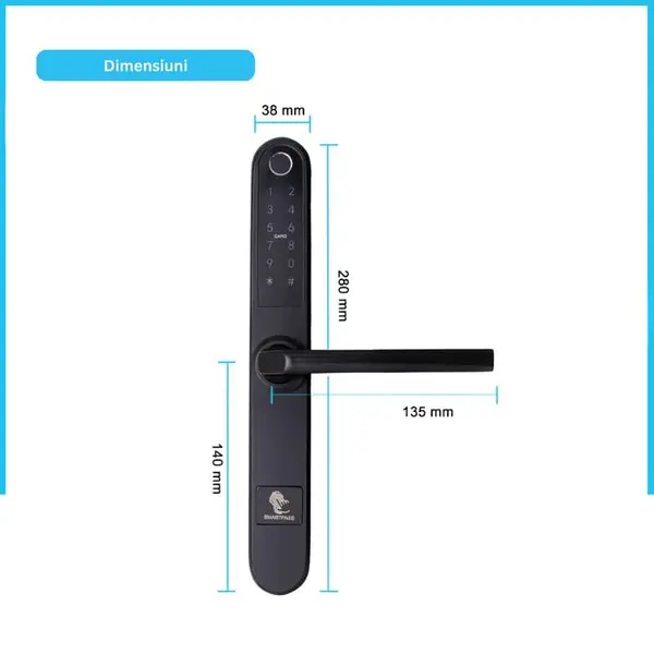 Yală inteligentă Monaco Black cu amprentă, Wi-Fi, Bluetooth, PIN și RFID, IP65, pentru uși PVC, aluminiu și lemn