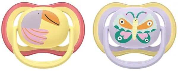 Zalăgăli Philips Avent - Ultra Air, 0-6 luni, cu cutie, 2 bucăți, fluture mov/pasă galbenă