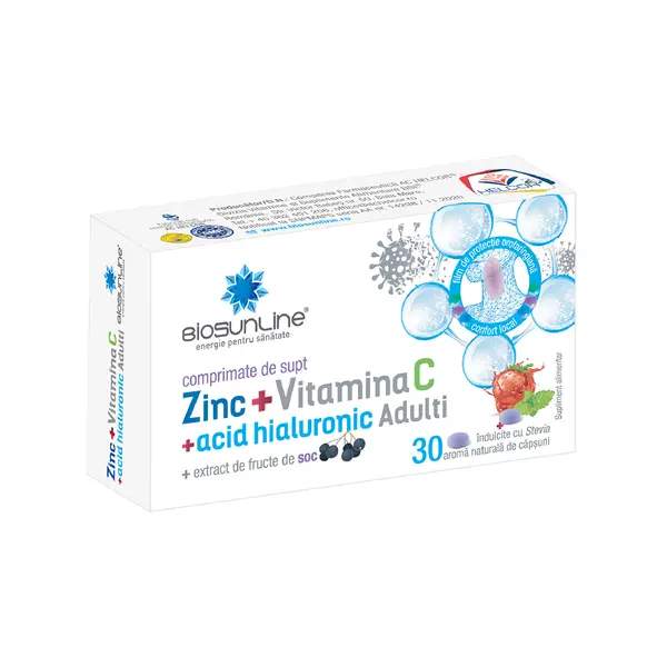 Zinc + Vitamina C + Acid Hialuronic pentru adulti, 30 comprimate de supt, BioSunLine