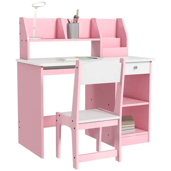 ZONEKIZ Birou copii cu scaun ergonomic cu sertar culisant pentru tastatură, nișe și rafturi deschise 90 x 45 x 90 cm roz | Aosom Romania